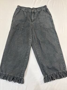 Wide Leg Ruffled Plus Size Black Faded Jeans Size 1XL